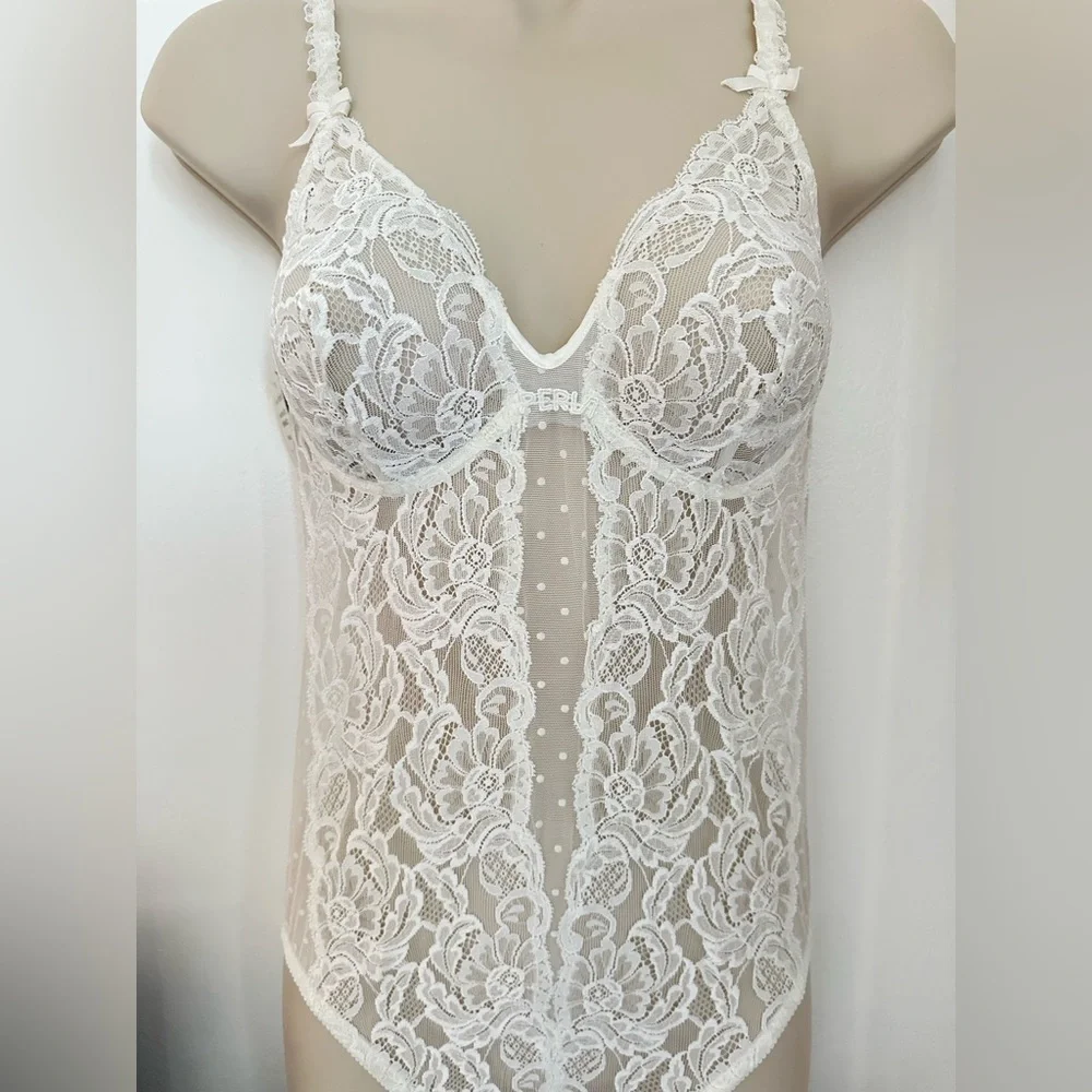 LA Perla Vintage Sheer Lace Plunge Bodysuit in Ivory